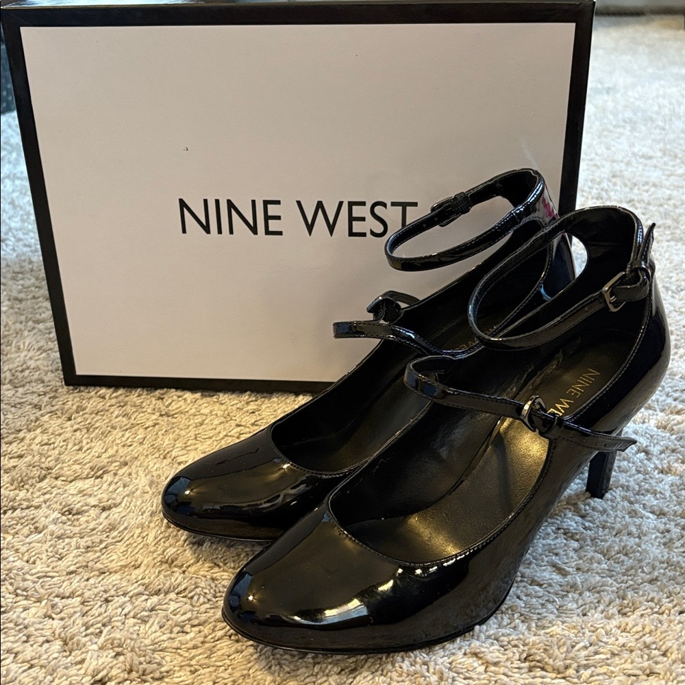 Nine West Black Patent Ankle Strap Pumps